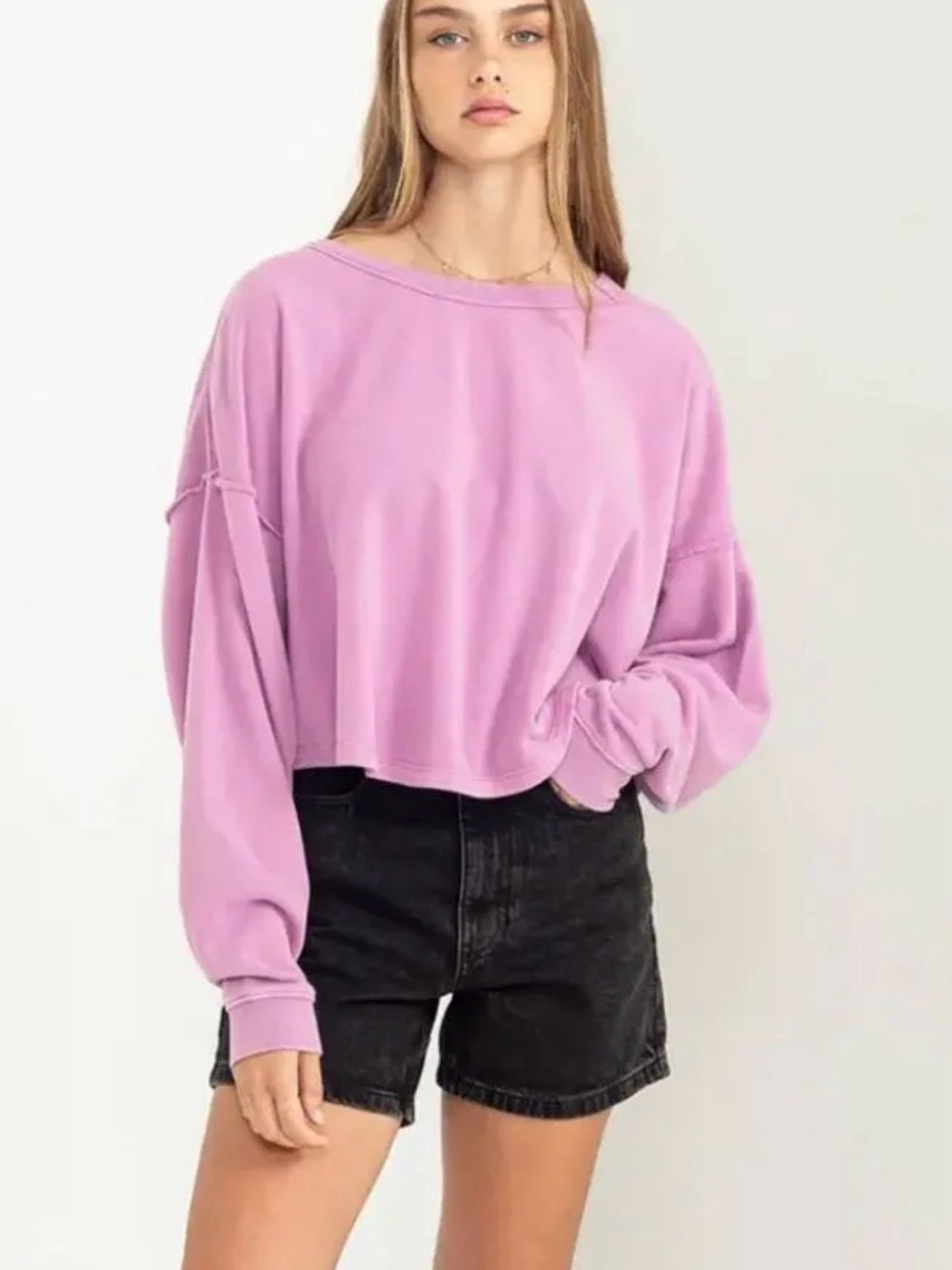 NWOT Double Zero Lavender Lightweight Cropped Oversized Sweatshirt